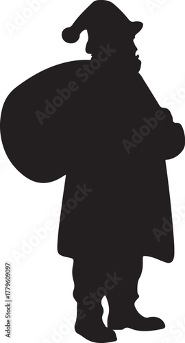 Silhouette of Santa Holding Sack Full of Presents Black and White Isolated Vector Holiday Graphic Element Illustration on Transparent Background for Microstock
