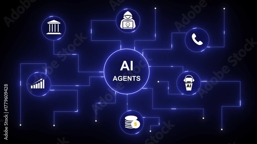 AI agents network connecting finance banking business growth customer service communication. AI agents in finance and business. Futuristic digital networks and data systems.4k video..