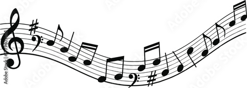 Curved musical staff with treble clef, flowing notes, sharps and rests, abstract melody line, creative music notation, vector art illustration