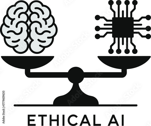 Ethical ai human brain and computer chip balanced on scale.