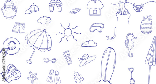 Hand Drawn Summer Beach Elements Vector Set – Doodle Style Vacation Icons with Umbrella, Swimsuit, Surfboard, Sun, and Sea Accessories