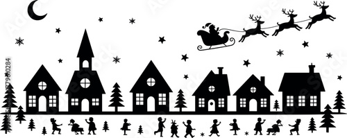 Black silhouette of Santa sleigh flying over village at night