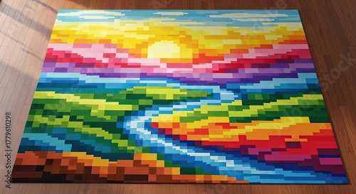 Vibrant pixel landscape rug with river and sunset adds colorful charm to any room