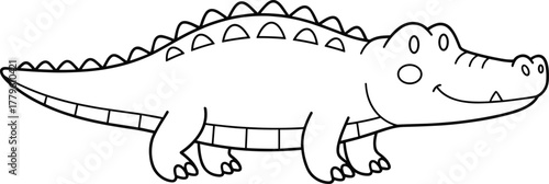 Cute cartoon crocodile line art, black and white animal drawing, children coloring page, simple reptile sketch, cad drawing flat vector illustration