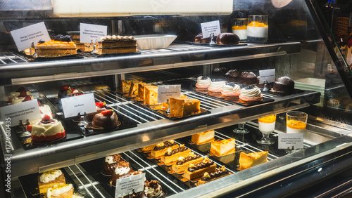 Beautiful cafe display case filled with exquisite pastries, cakes and desserts, ready to eat. Perfect for bakery promotions, cafe menus and food photography.