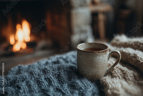 Warm tea resting on chair beside cozy fireplace on a chilly evening