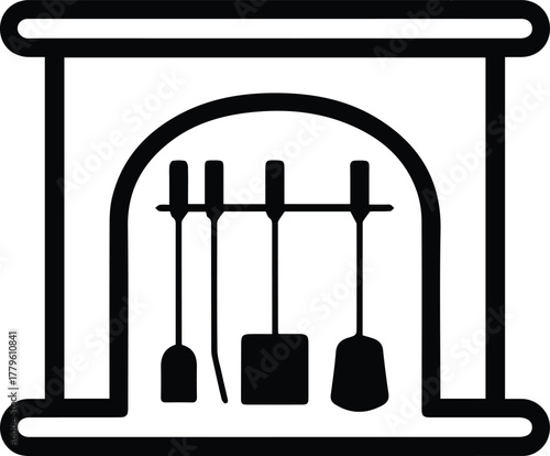 Vintage Fireplace Tool Set Silhouette, Classic Iron Fire Tools with Stand, Shovel, Poker, Tongs, and Brush Vector Illustration
