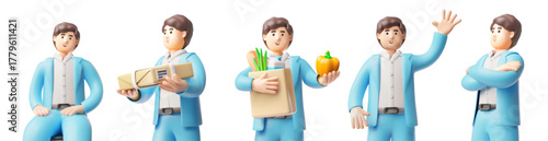 Businessman in blue suit 3D cartoon vector characters set, office manager holding shopping bag, parcel box, hand gesture