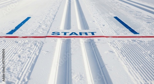 Cross-country ski trail start line on a snowy winter day. concept of outdoor sport, winter activity, fresh snow