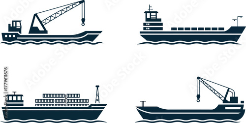 Four different types of cargo ships illustrated in dark blue silhouette on a white background.
