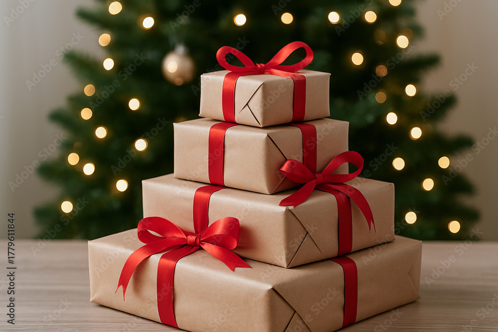 Obraz premium Christmas gift boxes stacked with red ribbons in front of decorated tree. concept of festive celebration, holiday spirit, gift exchange.