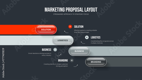 Corporate Launch Four Element Infographic Frame Template. Consulting Strategy Presentation Design Vector Illustration. Professional Campaign 4 Step Diagram Slide Layout.