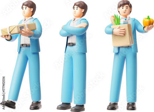 Businessman in blue suit 3D cartoon vector characters set, office manager holding shopping bag, parcel box, cross arm
