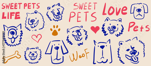 Sweet pets naive style set elements. Dog faces, paw print, bones. Trendy art poster, banner. Doodle collection