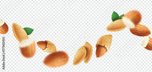 Realistic floating ripe almond nuts with green leaves isolated on transparent background. Flying defocusing almonds in shell horizontal Design element for packaging, advertising, Vector