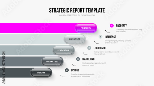 Corporate Briefing 5 Option Diagram Slideshow Layout. Consulting Insight Five Element Infographic Frame Design. Financial Report Slide Template Vector Illustration.