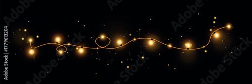 Bright garlands with a golden glow. Christmas lights for holiday illustrations. Garlands of yellow lights glow on a transparent background. Festive chain of lights. 