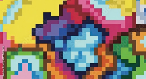 Vibrant pixel art abstract design with bold colors and geometric shapes