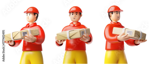 Delivery courier man holding parcel box, 3D postman in red uniform carrying package, postal service half body vector set