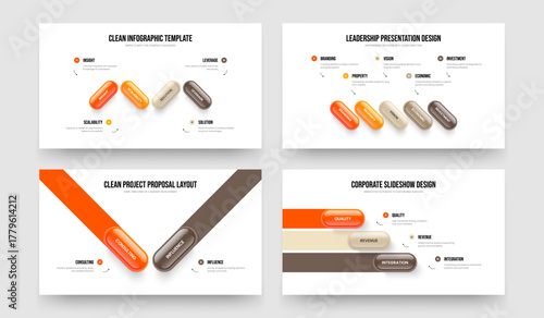 Advertising Briefing 4 5 2 3 Element Diagram Slideshow Template Set. Modern Launch Four Five Two Three Option Infographic Slide Design Vector Illustration Collection.