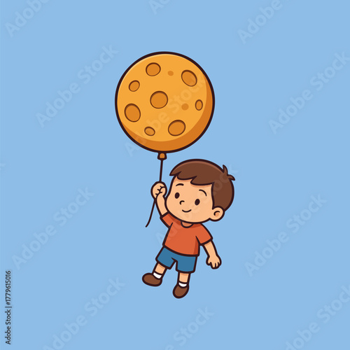 Dreamscape: A young boy levitates amidst a bright blue sky, joyfully clutching a spherical balloon, an artistic representation of celestial wonder.