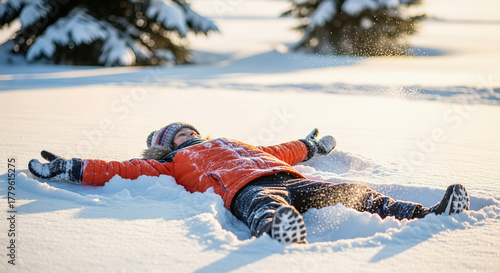 Child in the snow makes snow angel, winter day outdoor. A playful scene of childhood joy in nature. Seasonal fun, happy childhood, winter activities.
