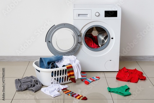 Top view of a laundry basket and a washing machine, chaos around, minimalist background