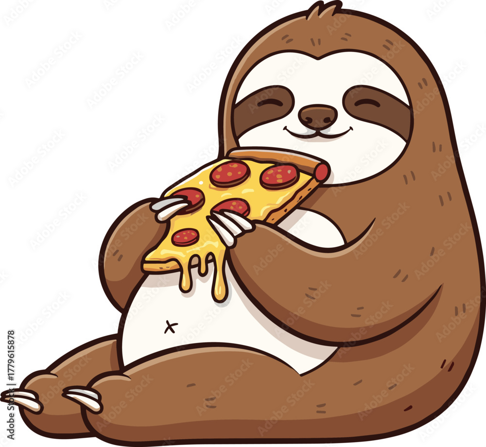 Naklejka premium Cute sloth eating pizza cartoon illustration, funny animal character vector, lazy sloth food artwork, playful design drawing, cad drawing flat vector illustration