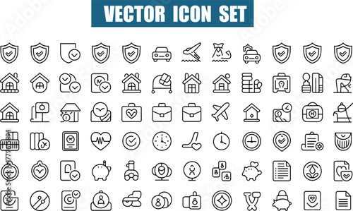 Extensive Collection of Outline Icons for Finance, Travel, and Home insurance shield Icon Collection for Digital Projects