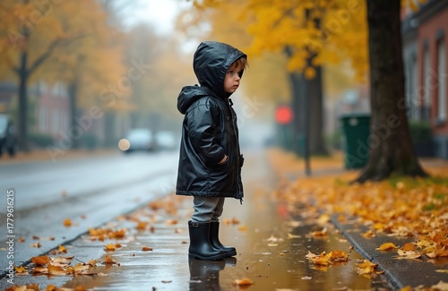Fototapeta Naklejka Na Ścianę i Meble -  Small boy in black hooded raincoat stands on wet city sidewalk. Autumn yellow leaves cover ground. Child wears rubber boots, looks to side on rainy day. Fall weather in urban street scene.