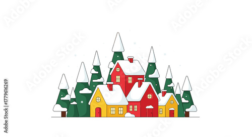 Charming winter village scene with cozy houses and snow-covered trees evoking holiday cheer and festive spirit for greeting cards