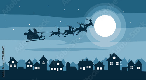 Magical Santa sleigh ride over silhouette village under glowing full moon on snowy Christmas Eve night