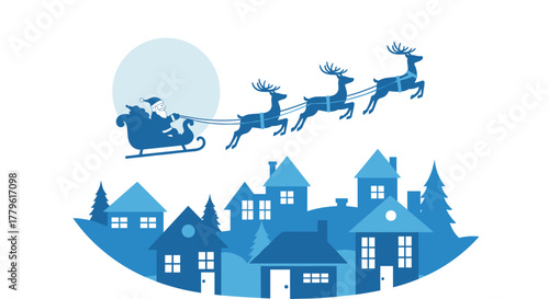 Magical Santa sleigh flies over festive blue winter village under bright moon, spreading holiday cheer