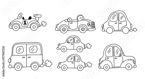 Hand-drawn car illustration set with multiple cute mini vehicles in a simple, clean, black-and-white doodle style