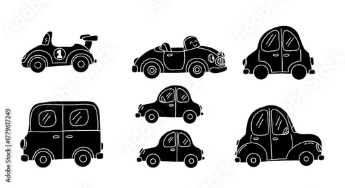 Cute doodle car clipart illustrated on a black, featuring whimsical hand-drawn vehicles and playful smoke cloud