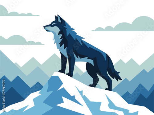 Strong Blue Wolf Standing on Snowy Mountain Peak Vector Illustration