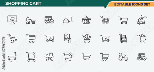 Set of Shopping Cart line icon. Includes thin line symbols sell, cart, purchase, sale, commerce, e-commerce and more. Cart icon set. Trendy minimal icons. Editable stroke vector art.