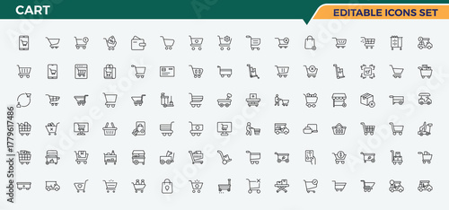 Set of Cart line icon. Featuring e-commerce, sell, retail, sale, commerce, store. Vector outline icons collection. Bag icon. Editable stroke.