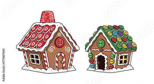 Whimsical gingerbread houses adorned with colorful buttons and festive icing create a magical Christmas scene for holiday celebrations