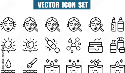 Skincare and beauty icons set with faces, sun, drops, and bottles vector illustration Icon Collection for Digital Projects