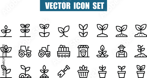 Vector Icon Set of Farming and Gardening Elements with Plants and Tools sprout seedling Icon Collection for Digital Projects