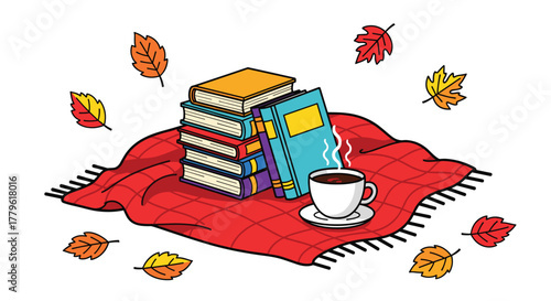 Cozy autumn scene with stack of books, steaming coffee cup, and falling leaves on a warm red blanket