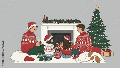 Cozy family shares warm holiday moments by the fireplace with festive tree and sleeping dog