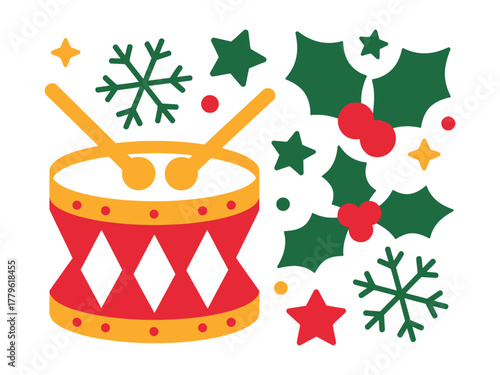 A festive illustration features a toy drum with drumsticks and Christmas-themed decorations.