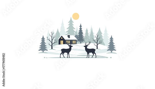 Serene winter landscape with cozy cabin, gentle deer, and warm glowing windows under a soft sun