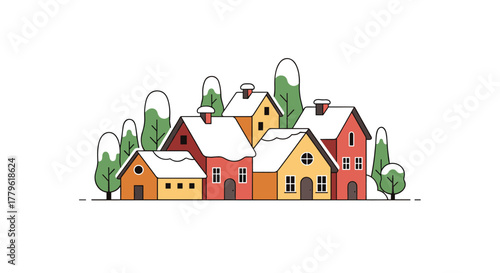 Charming snow-covered houses and evergreen trees create a cozy winter village scene with vibrant colors