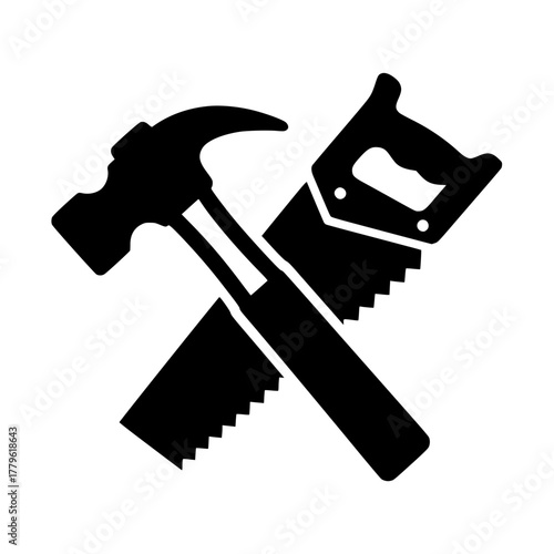 A carpenter's tools, a hammer and saw, stand out in sharp relief against a stark backdrop, symbolizing the tools of craftsmanship.