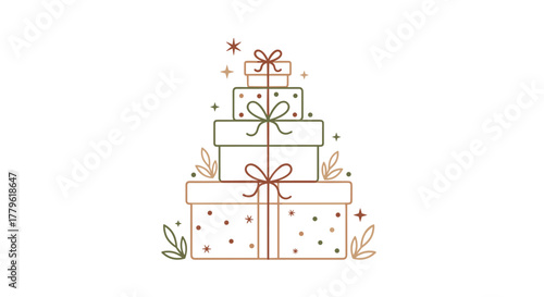 Stack of beautifully wrapped gift boxes adorned with bows and festive sparkles, perfect for celebrations