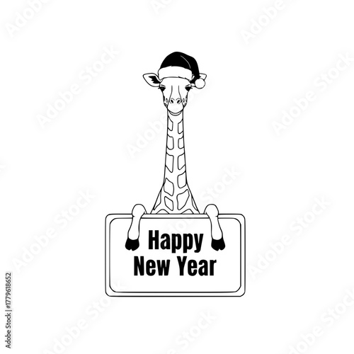 A festive giraffe wishes a 'Happy New Year', with a charming smile and a Santa hat. This black and white illustration radiates the joy of new beginnings and holiday spirit.