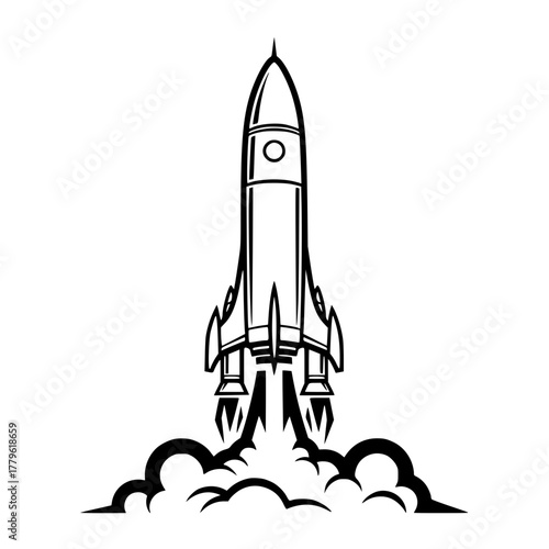 An emblematic monochrome illustration of a rocket soaring into space, symbolizing exploration and the pursuit of innovation and progress.